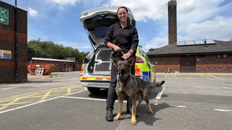 Kevin Shoesmith/BBC PC Laura Delaney, in uniform, stands behind Gas, her Czech Shepherd. The dog is staring straight into the camera lens.