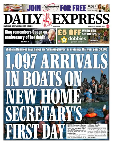 The headline on the front page of the Daily Express reads: "1,097 arrivals in boats on new home secretary's first day". 