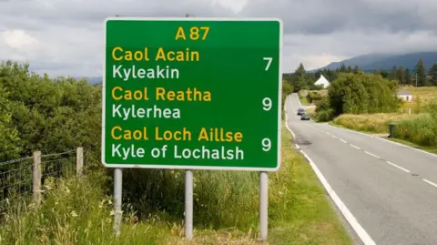 A large green road sign on a grassy verge by the side of a rural road. The sign has place names in English and Gaelic, and numbers showing how far away the locations are in miles. The places are Kyleakin, Kylerhead and Kyle of Lochalsh.