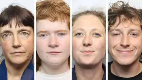 A composite image of the four protesters: Margaret Reid (left) has dark hair pulled away from her face and a short fringe; Leonorah Ward (second left) has a curly ginger mullet and a septum piercing; Indigo Rumbelow has dark blonde hair pulled back from her face; Daniel Knorr has curly dark blond hair.