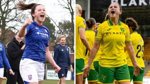 Ross Halls/ Norwich City Football Club A double image of Elise King, celebrating similarly for both Norwich City and Ipswich Town.