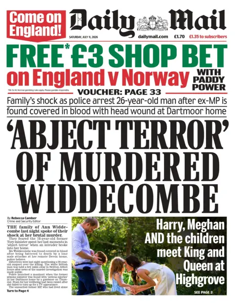 "'Abject terror' of murdered Widdecombe," reads the headline on the front page of the Daily Mail. 