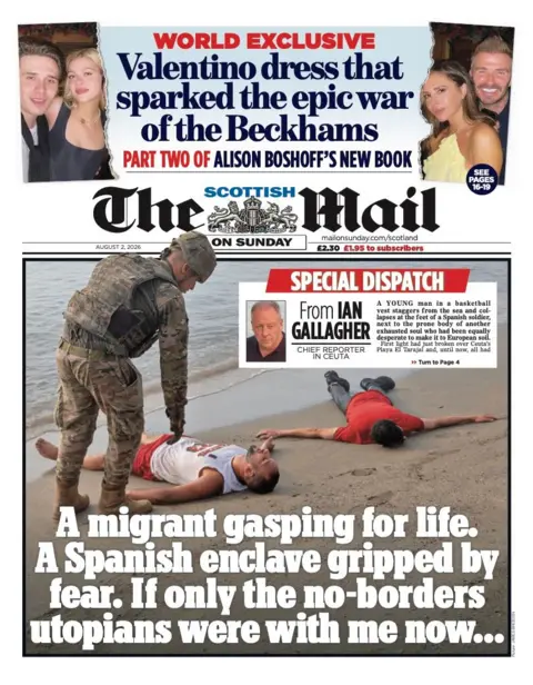 The headline on the front page of the Mail on Sunday reads: "A migrant gasping for life. A Spanish enclave gripped by fear. If only the no-borders utopians were with me now."