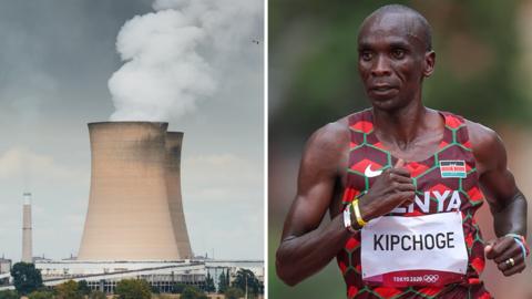 A composite image of a pair of large, curved chimneys belching out white smoke and Eliud Kipchoge competing in a Kenya running vest with his name on itrunning 