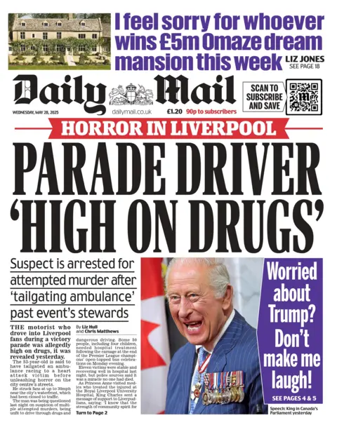 "Parade driver 'high on drugs'" reads the headline on the front page of the Daily Mail.