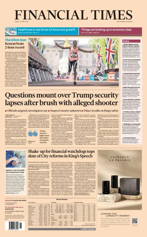 The headline on the Financial Times reads 'Questions mount over Trump security lapses after brush with alleged shooter'
