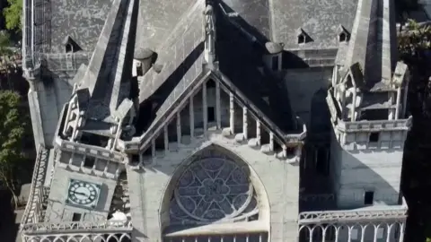 Aerial shot damaged clocktower on Manizales Cathedral after a 7.4 magnitude earthquake hit Colombia.