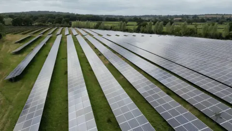 BBC A solar farm on a field, with rows and rows of panels stretching into distance