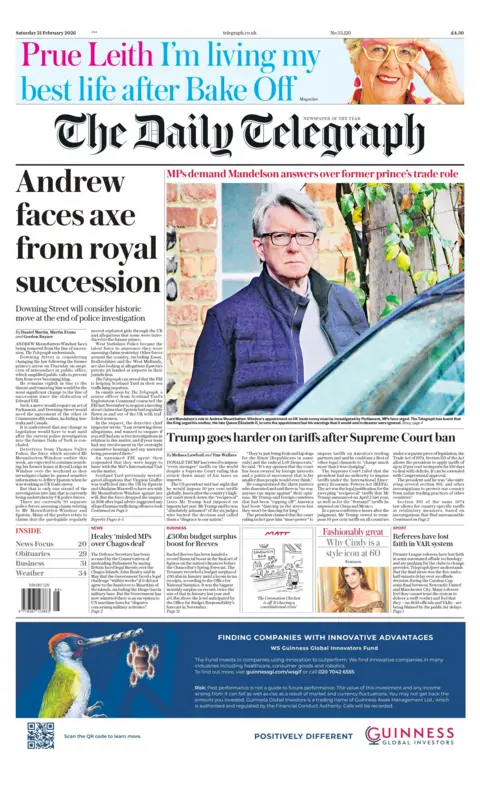 "Andrew faces axe from royal succession," reads the headline on the front page of the Daily Telegraph.