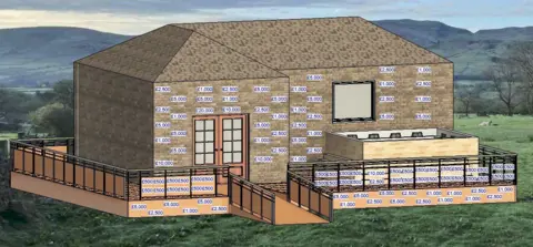 Sophie's Journey An artist's impression of a building which has a brown roof and sides. There is a double door to the left where the building protrudes and a window to the left. It has a ramp leading up to the front door and is situated on a field with rolling hills in the background. The tiles all have various money figures on them.