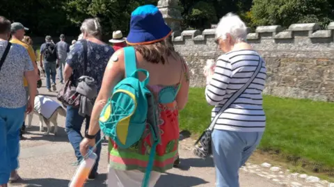 A group of people walking through Lanhydrock gardens in the sun. They are facing away from the camera.