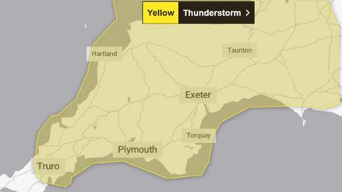 A Met Office map of Devon and part of Cornwall, showing the yellow thunderstorm warning covering all of Devon