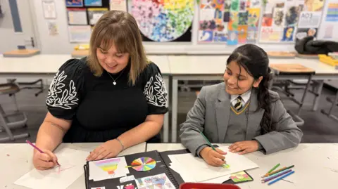 Jade Miller and Maidah smile as they sit next to each other drawing on paper at a classroom table. Coloured pencils and a scrapbook of drawings are on the table with various colourful artworks stuck up on the wall behind.