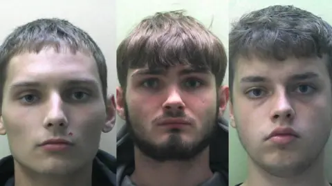 States of Jersey Police Police  images of three young men. All have pale complexions and short hair. The middle one has facial hair while the other two are clean-shaven