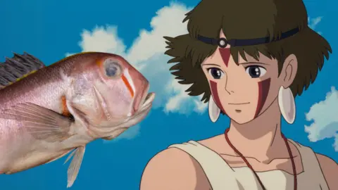 On the left is the newly discovered fish, which has a reddish tint, an orange and white marking under its eye and an open mouth.

On the right is San, an animated character who has short brown hair, red tribal markings on their face, a white sleeveless outfit, and large circular earrings. 

The background is a bright blue sky with fluffy white clouds. 