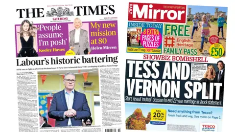 Newspaper headlines: 'Labour's historic battering' and 'Vernon and Tess split'