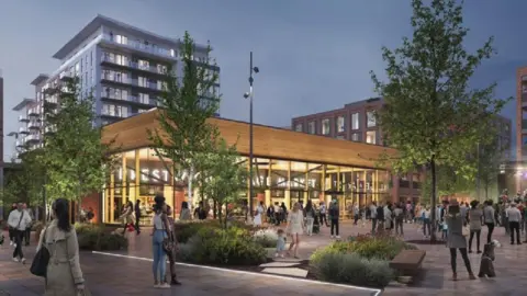 An artist's impression of people outside market hall at evening. The new market hall building is a rectangular wooden structure with warm light spilling out of plate glass walls. There are trees and benches in the foreground and in the background there are two apartment blocks.