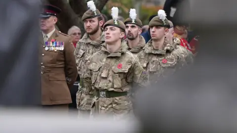 Soldiers in army uniform stand on parade