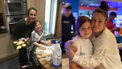 Two pictures of a mother and a young daughter together