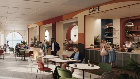 Brighton & Hove City Council An artist's impression of the proposed café inside the new King Alfred leisure centre. Tables and chairs are arranged beside large arched windows overlooking the sea, with a serving counter and seated customers throughout the space.