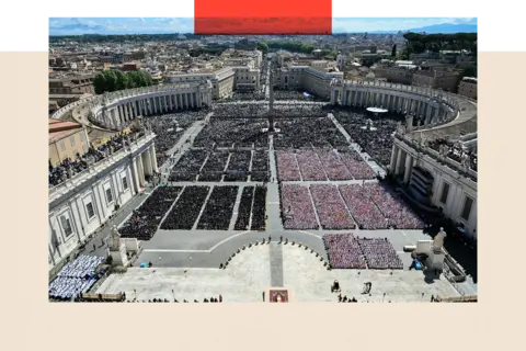 Getty Images is a picture taken from St. Peter Basilica showing the late coffin of Pope Francis during the funeral ceremony in St. Peter Square, in the Vatican, on April 26, 2025