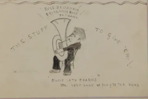 Pembrokshire Archives A sketch entitled 'The Stuff to Give 'Em!'. It depicts a white-bearded sailor blowing a tuba, blasting out Rule Britannia