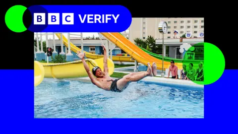 A North Korean tourist slides down a waterslide at the new resort. Several other visitors watch on. The photo is imposed over the BBC Verify colours and branding. 