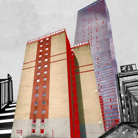 BBC Graphic showing 2  operation    blocks - Invicta House (left) and Landmark Pinnacle (right) - and staircases.