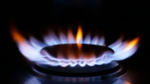 A close up of a ring on a gas cooker with blue flame burning