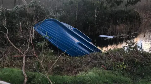 Lanjeth Nursery and Water Gardens A blue boat or dingy has been upturned and pushed up onto the bank landing in the garden there is a branch that has been brought down that is lying in front of it