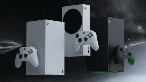 Microsoft A trio of Xbox consoles, showing the different versions of the Series model, are arranged against a space-like background in this promotional image. A white Series S machine is bookended between a white Series X and a black Series X. All three machines appear to be floating.