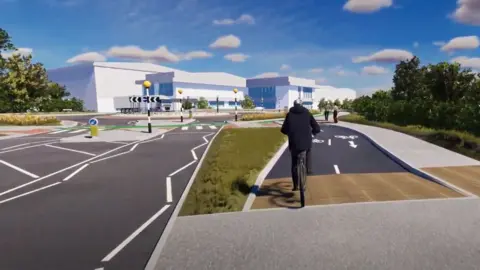 Hertfordshire County Council/YouTube An animation showing a man on a bike approaching a 'Dutch-style' roundabout while riding in a cycle lane.