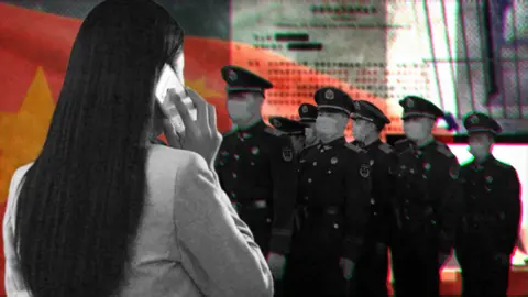 Graphic of a woman in a suit jacket holding a phone to her ear facing a group of uniformed Chinese police officers wearing surgical masks