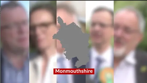 Five blurred images of candidates side by side, with a silhouette of the constituency map in grey on top, and below that a red box with Monmouthshire written in white writing