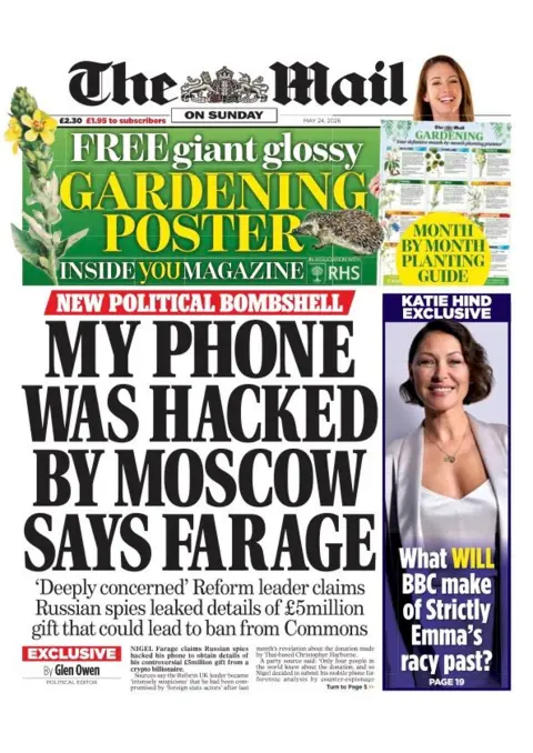 The headline on the front page of the Mail on Sunday reads: "My phone was hacked by Moscow says Farage."