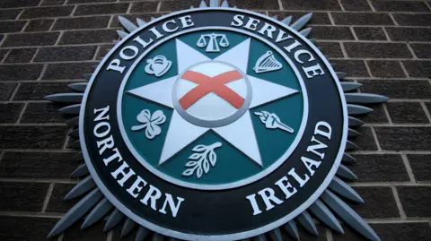 The PSNI emblem on a brick wall. Saint Patrick's satire is in the centre of a star shape, surrounded by scales, a harp, a torch, a leaf, a shamrock and a crown. 