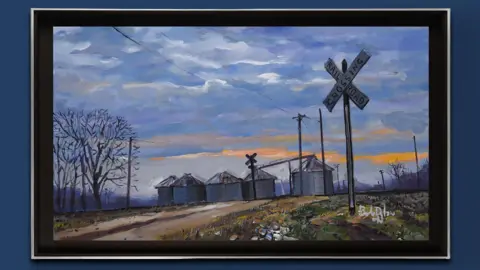 Castle Fine Art Dylan's painting shows a railroad crossing signpost with an industral site behdind between bare trees on a cloudy day, with sunlight streaming thorugh on the horizon.
