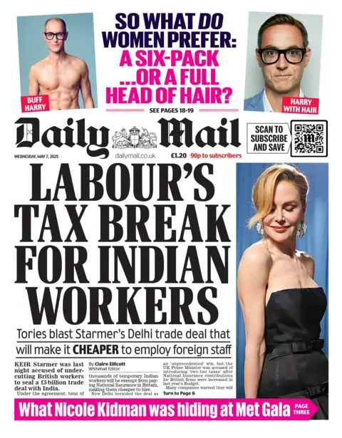 The headline on the front page of the Daily Mail reads: "Labour's tax break for Indian workers"