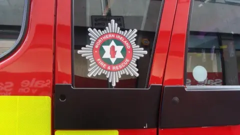 The Northern Ireland Fire and Rescue Service badge, which is the red hand of Ulster, in a star in a green circle, in a red circle and with a star around it. It's on the side of a fire engine 