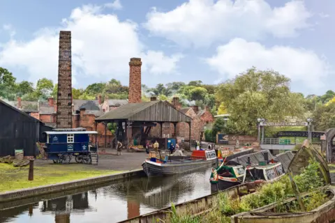 Black Country Living Museum A picture of the canal at the Black Country Living Museum. Three boats are in the water. The right-hand side of the water is covered with green plants, while across the water people are working. There are red-brick buildings and large wooden shelter.