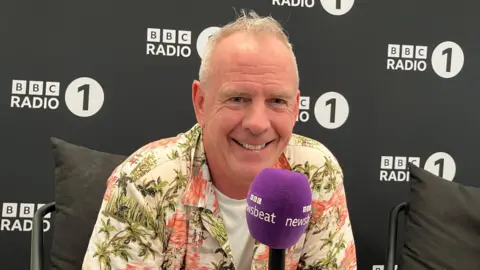 Fatboy Slim wearing a Hawaiian shirt smiles as he looks into the camera and sits in front of a microphone.