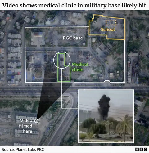 A BBC Verify graphic where we have annotated satellite imagery of the IRGC base and adjacent school and highlight the medical clinic where the missile hit