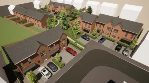 A computer-generated image shows a group of terraced and semi-detached properties, with some green space and trees nearby.
