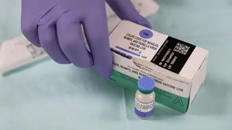 A box of biles for Measles Vaccinations offered by Harris Public Health is photographed on Saturday, April 5, 2025 in Houston, Texas