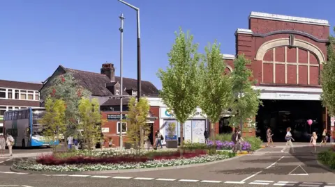 Cumberland Council A CGI street scene with tree and flowers on an island surrounded by a grey tarmac road. There is a red-brick bus station in the background.