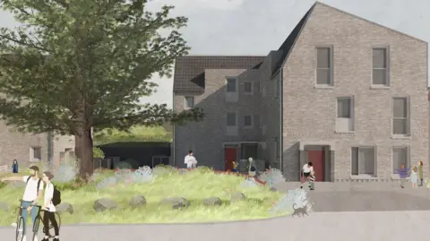 City of York Council An artist's impression of a block of houses with a grassed area outside and people walking.