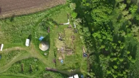 Steve Potvin Aerial shot of an archaeological dig at the site of a medieval chapel in Poulton, Cheshire