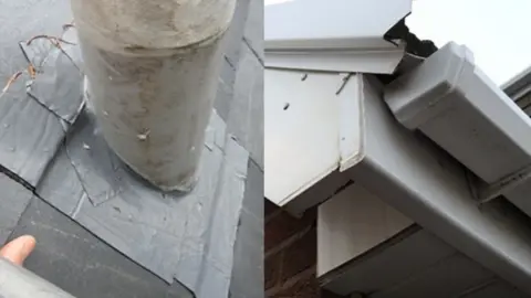 Lancashire County Council Duct tape used to fix a roof, and poorly aligned guttering