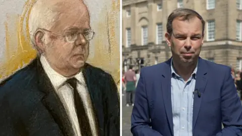 A composite image. On the left a court sketch of Murrell who has short grey hair and glasses. On the right, a man with short brown hair wears a blue suit as he speaks to the camera