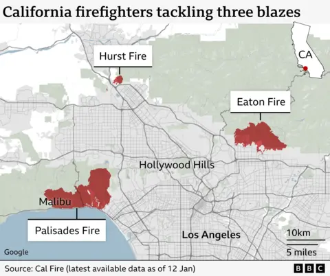 California map showing in red the areas of the three active fires as of 12 January: the Palisades Fire, the Eaton Fire and the Hurst Fire. Los Angeles, Malibu and Hollywood Hills are also labelled up for reference.